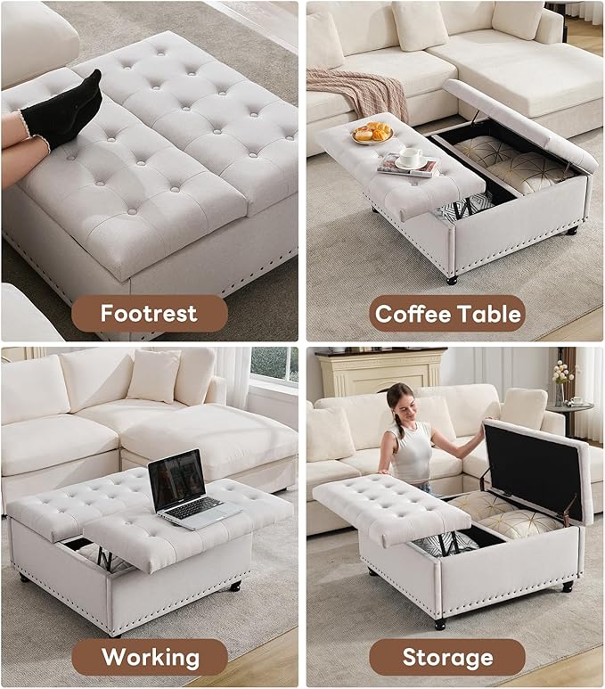 Tbfit Large Square Storage Ottoman Bench, Tufted Upholstered Coffee Table