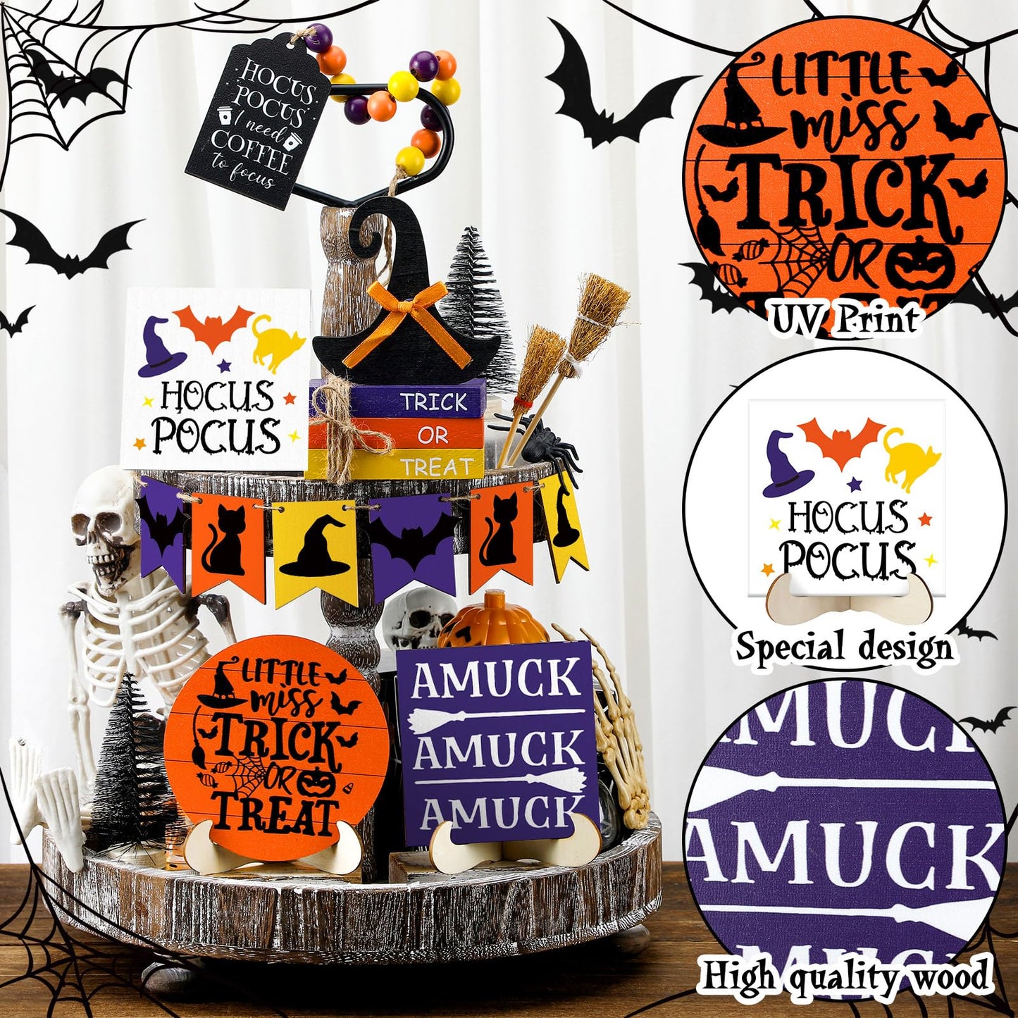Wonderjune 19 Pcs Halloween Hocus Pocus Tiered Tray Decor Coffee to Focus Witch Table Decor with Wooden Signs Bead Garland Farmhouse Rustic Halloween Decorations for Home Table Party Supplies