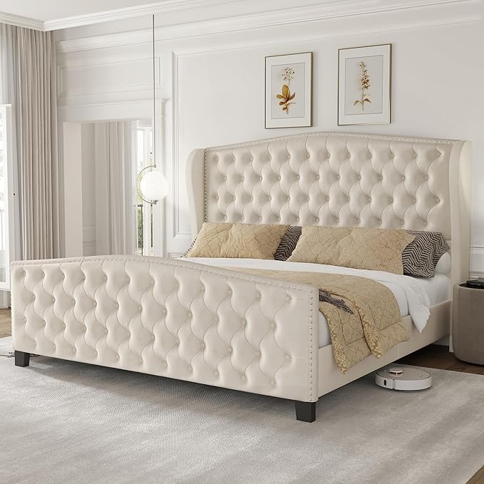 LARMACE King Size Bed Frame Velvet Upholstered Platform Bed