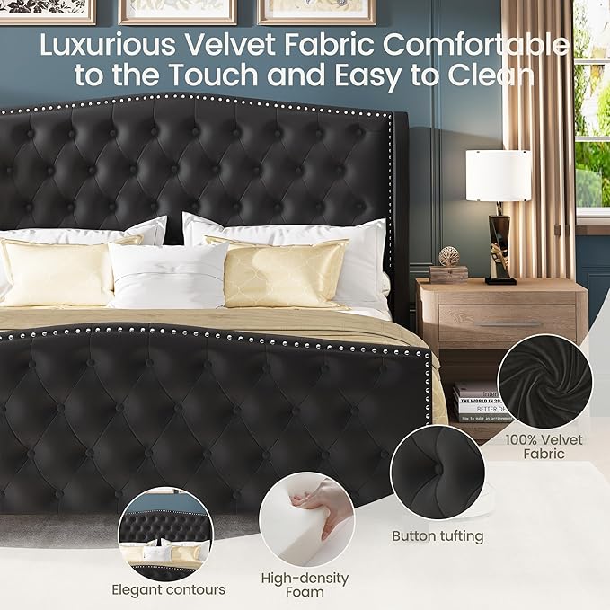 LARMACE Queen Size Bed Frame Velvet Upholstered Platform Bed
