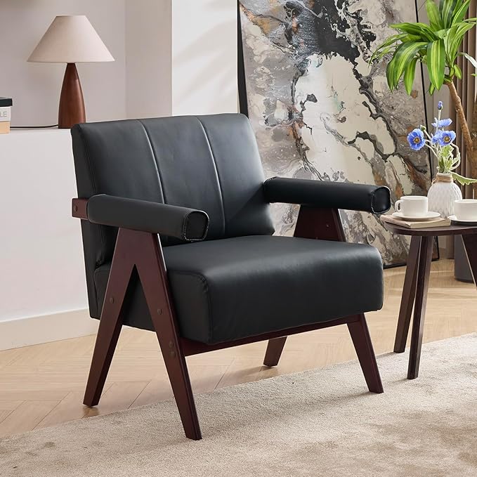 STHOUYN Black Leather Accent Chairs, Mid Century Modern Chair, Side Arm Chairs