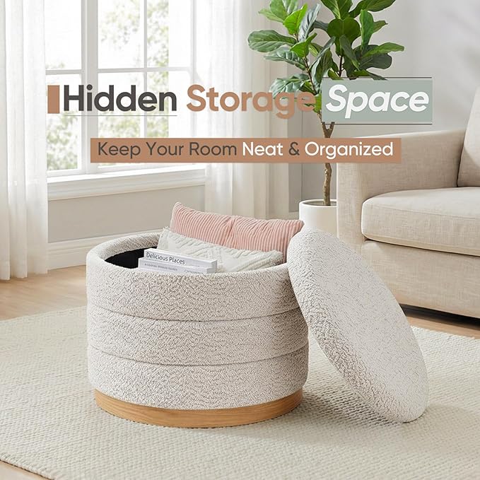 Round Storage Ottoman with Tray Lid, Folding Chenille Fabric Footrest with