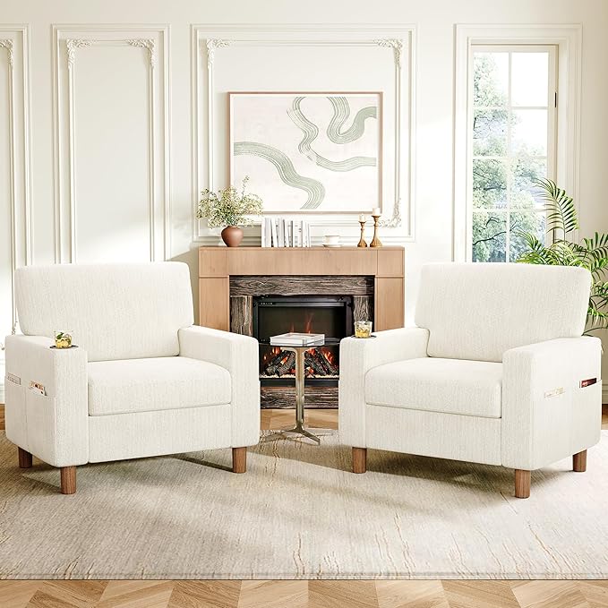 Mid Century Modern Accent Chairs Set of 2, Chenille Comfy Living Room Arm Chairs