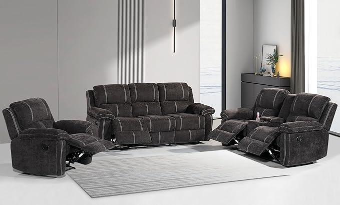 Betsy Furniture Modern Fabric Recliner Sofa Set, Loveseat w/Console, Recliner