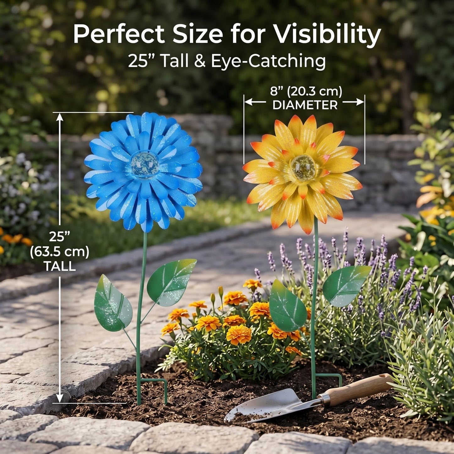 Topadorn 25 Inch Floral Garden Stake Decor,Outdoor Plant Pick Water Proof Metal Flower Stick for Lawn Yard Patio,Pathway Ornament,Set of 2