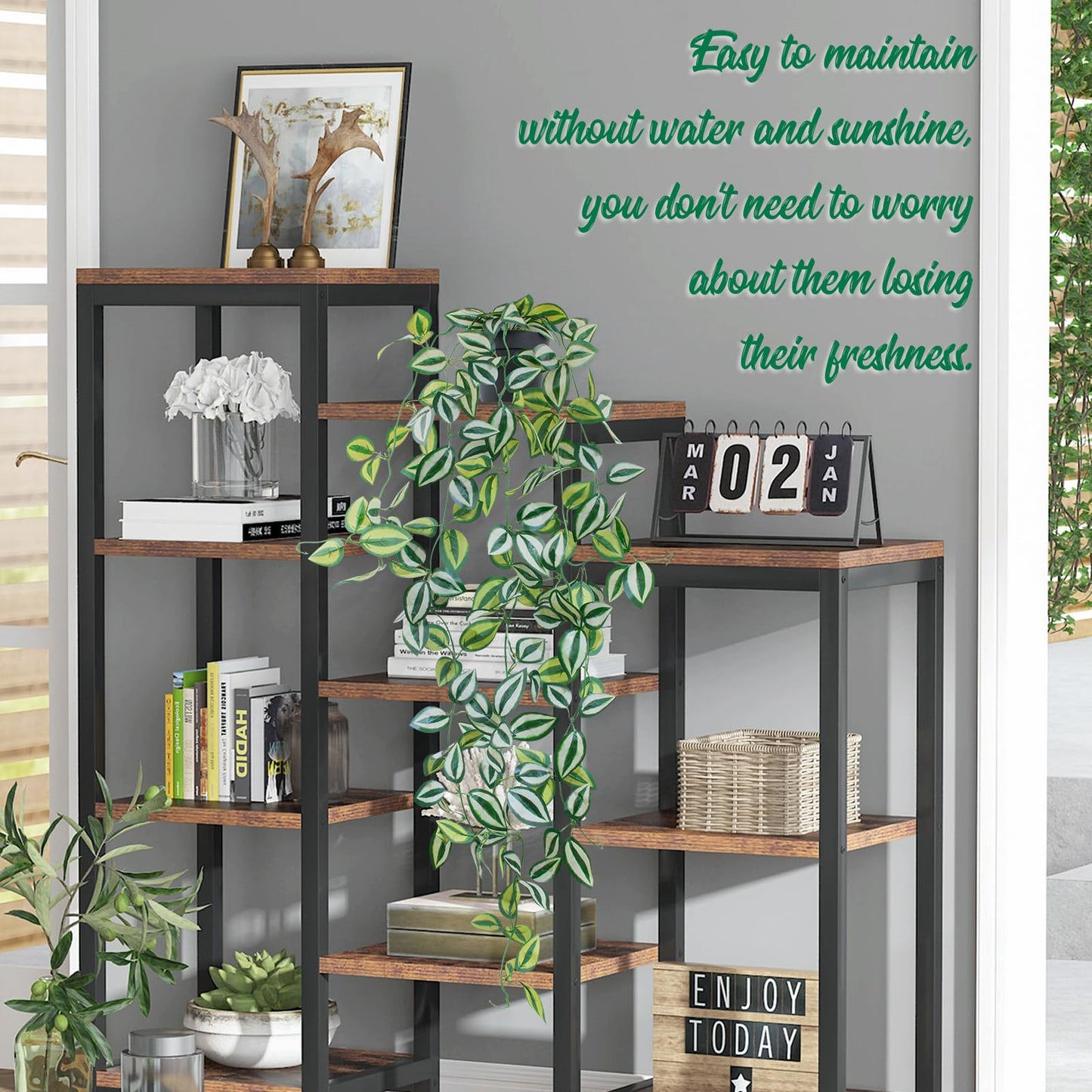 LOYWREE 3 Pack Fake Hanging Plants - Small Potted Plants with Green Eyebrow-Leaf Trailing Vines, Indoor Outdoor Aesthetic Decor for Office, Living Room Shelf & Home Accent (Black Pot)
