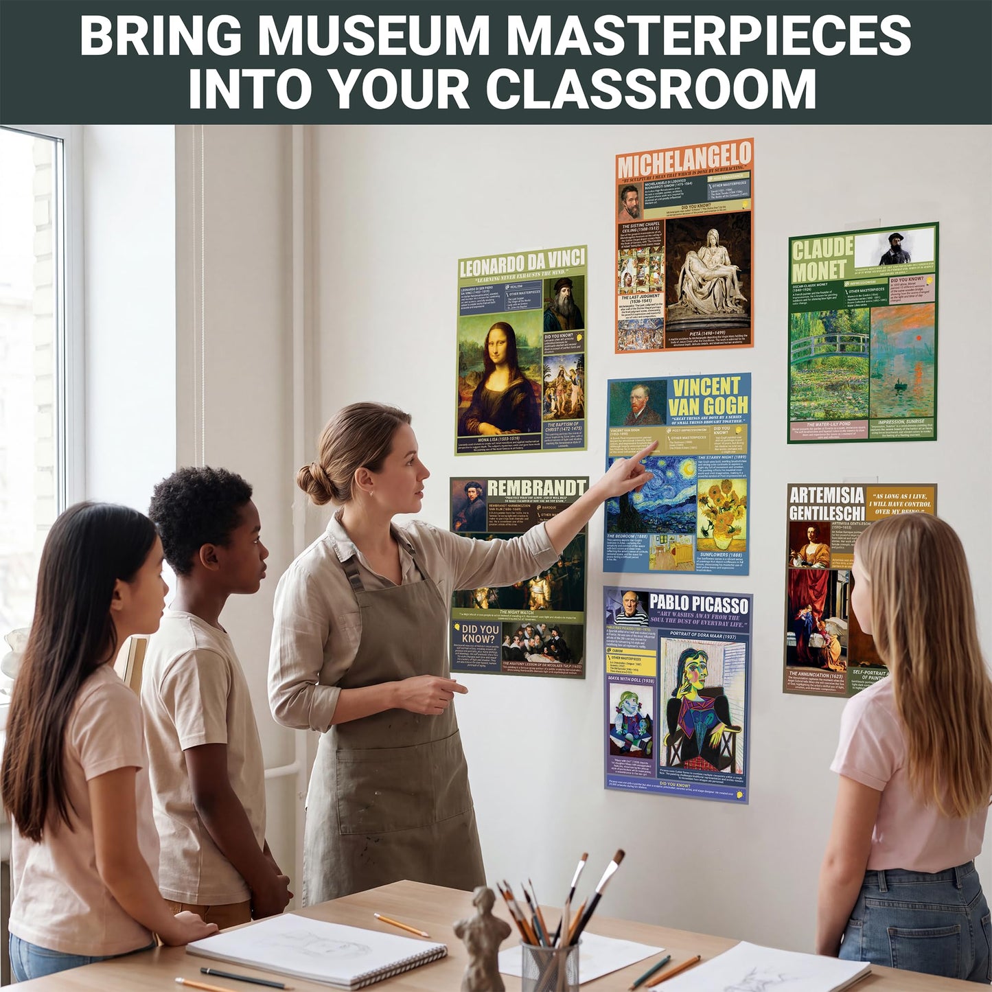 KING PRINT 16 Famous Art Posters for Classroom, Diverse Women & Men Artists Wall Art Famous Paintings, 11x14 Matte-Laminated 250gsm Van Gogh Monet Picasso Kahlo Educational Art History Print Set