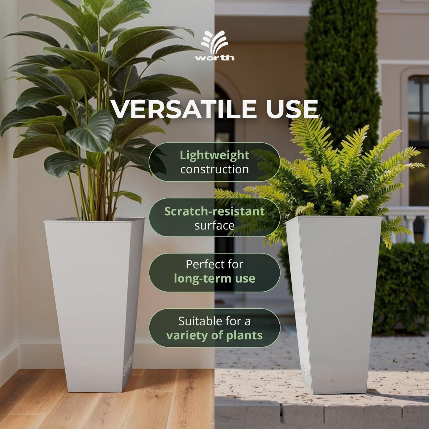Worth 2 Pack 28" Tall Large Metal Planter, Tapered Steel Flower Pots with Insert Plate with Drain Holes & Air Vents for Indoor or Outdoor Use, White