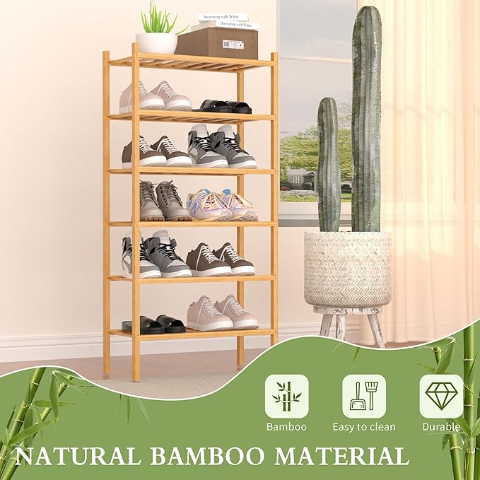 ROMGUAR CRAFT 6-Tier Bamboo Small Shoe Rack, Free Standing Wood Shoe Shelf