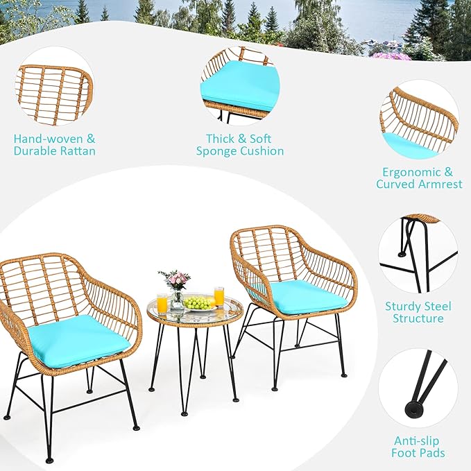Tangkula 3 Pieces Patio Bistro Set, Rattan Conversation Set