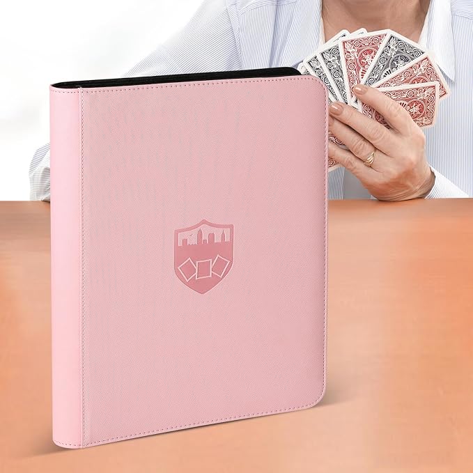 12 Pocket Ringless Side Loading Trading Card Binder, 720 Cards PU Fixed Page Zipper Card Album for TCG Sports Game Cards, Not Fit Top Loaders (Pink)