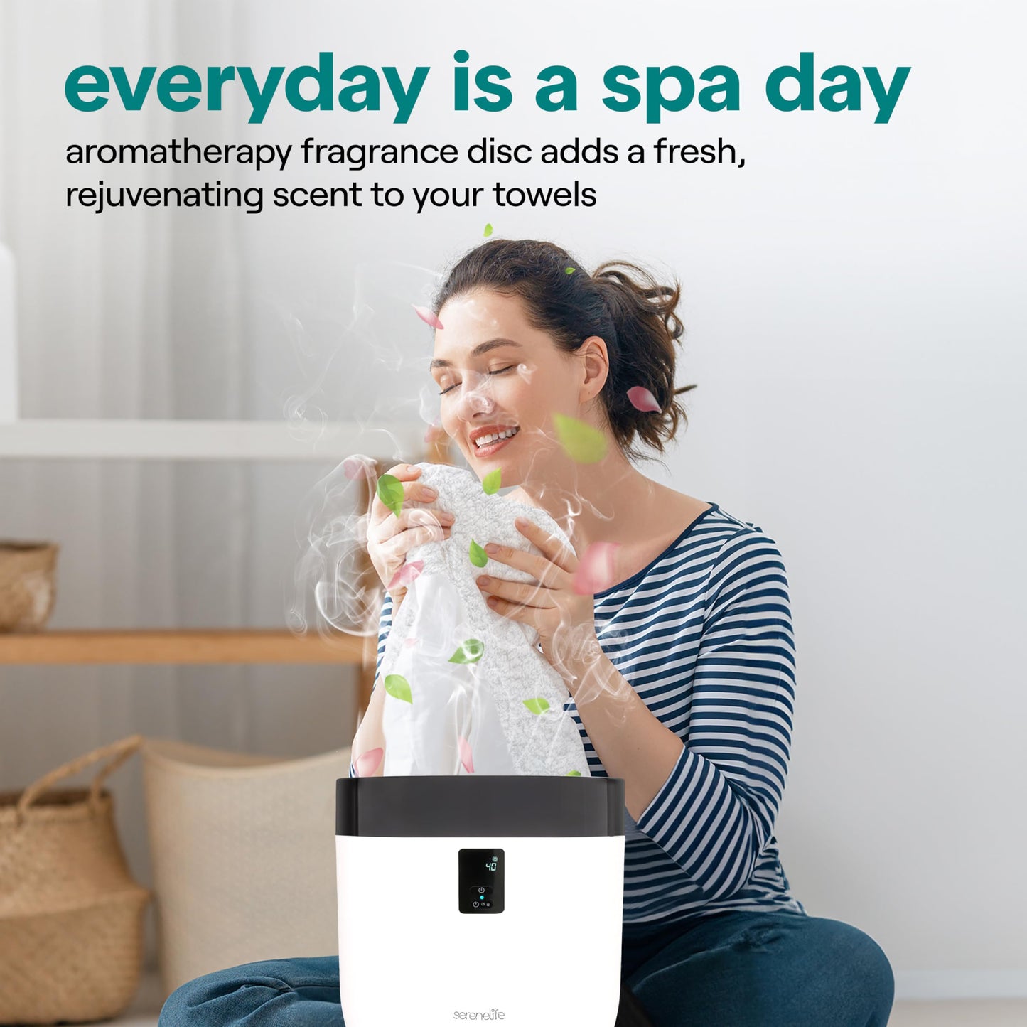 SereneLife Counter Towel Warmer Bucket - with Customized Fragrance for Spa and Bathroom, Luxury Heater, Auto Shut Off, Fits 1 Large Blanket, Bathrobe, PJs (Natural)