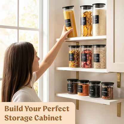 EDELHAUS Glass Storage Containers with Black Lids [4x40oz] Extra Thick Glas with 54 Labels - Canister For Pantry Noodles Flour Cereal Rice Sugar Tea Coffee Beans - Round Set