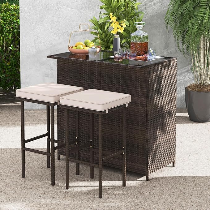 Tangkula 3 Piece Patio Bar Set, Outdoor Rattan Bar Table and 2 Stools