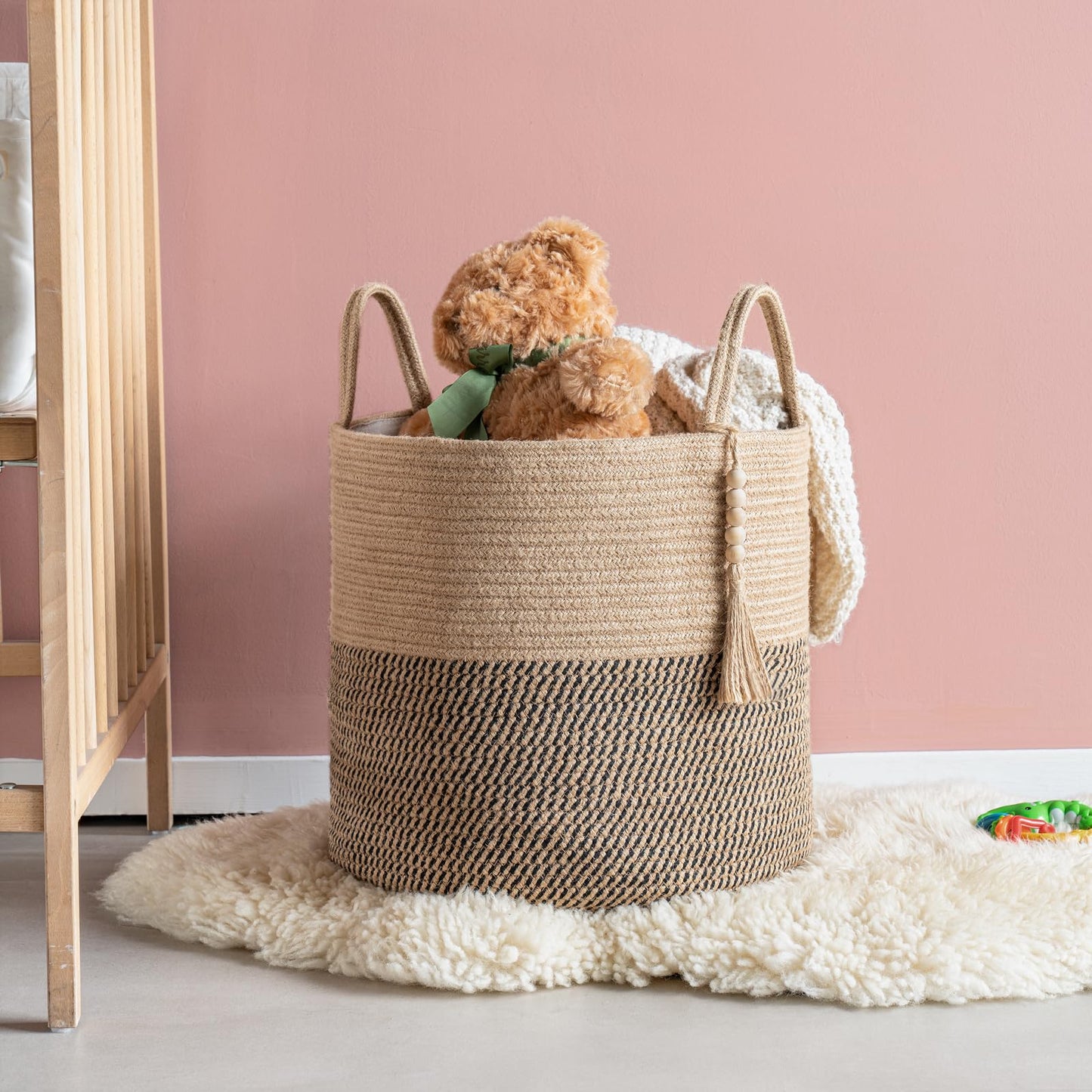 Mkono Woven Storage Basket Decorative Rope Basket and Macrame Hanging Shelves Boho Wall Decor Set of 3