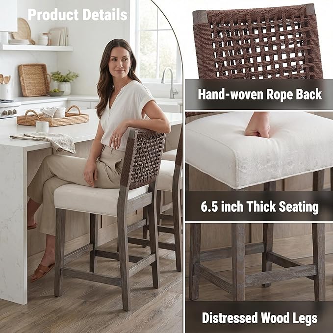 27-Inch Midcentury Modern Counter Stools, Wooden Wicker Stool Chairs