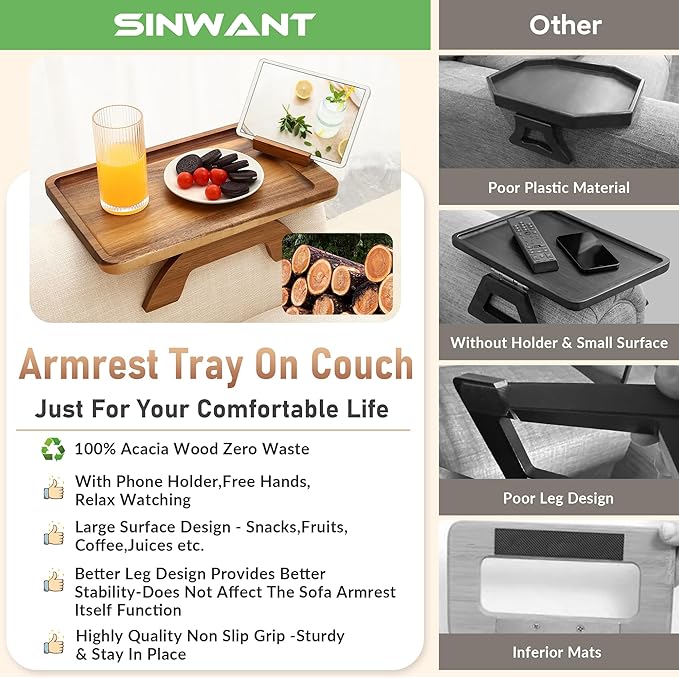 SINWANT Couch Arm Table, Acacia Wood Sofa Arm Rest Tables Couch Armrest Table