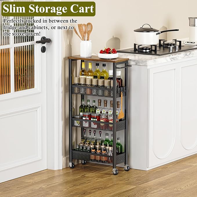 OKZEST Utility Slim Storage Cart, 4 Tier Small Rolling Kitchen Laundry Room Cart