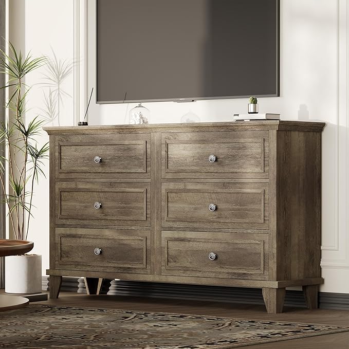 IDEALHOUSE 6 Drawer Dresser, Wooden Storage Chest of Drawers