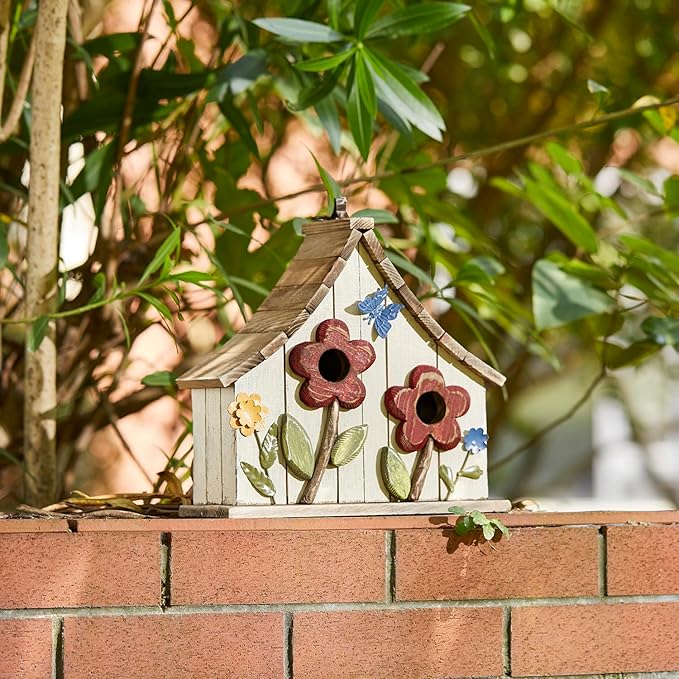 Glitzhome Hanging Birdhouses for Outside,10.75" L Distressed Solid Wood Birdhouse with 3D Flowers Rustic Two-Story Townhouse Hand-Painted Bird Houses for Outdoors,Washed White