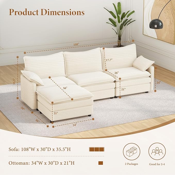 Vesgantti 108" Modular Cloud Couch, Deep Seat Sectional Sofa