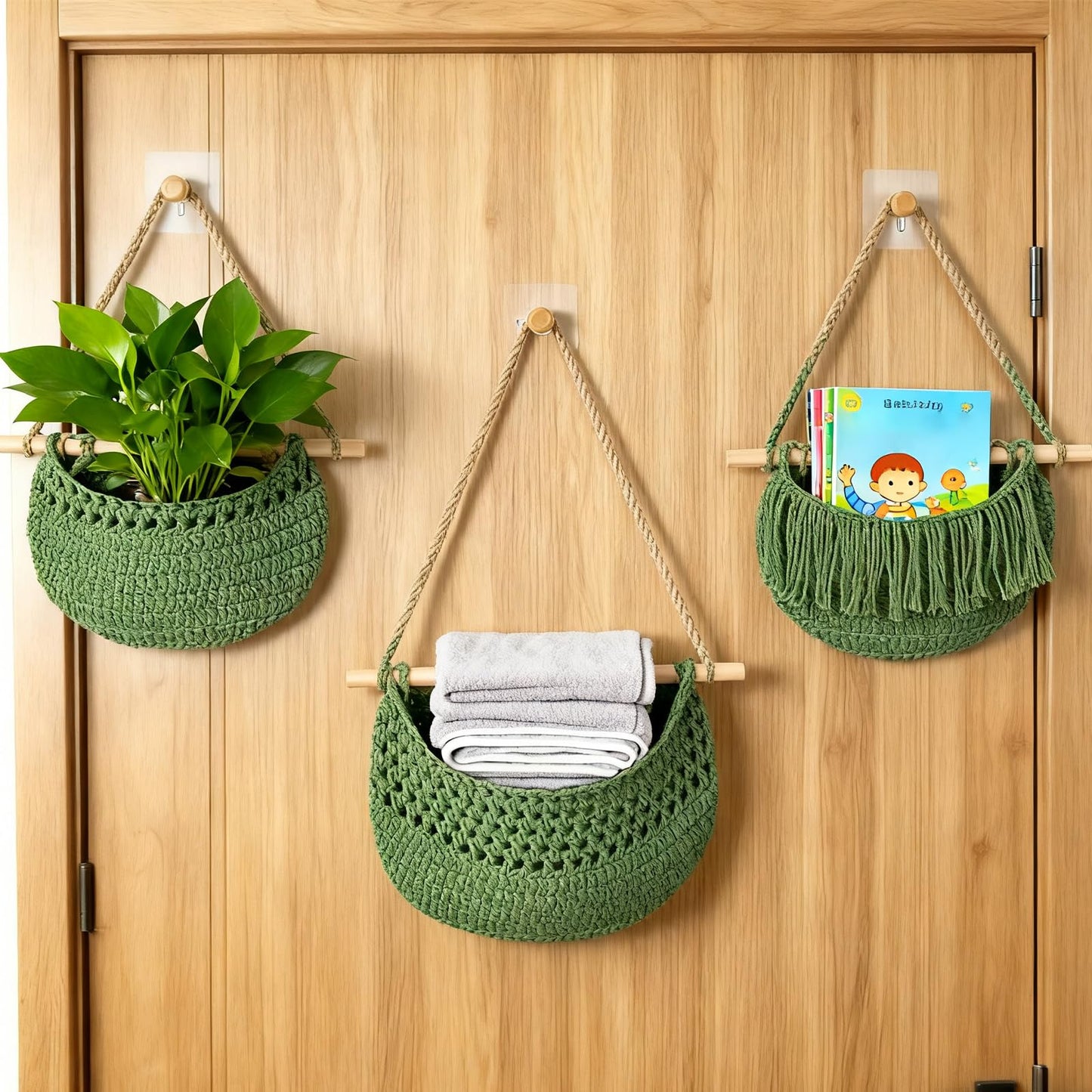 Halidali 3 Tier Hanging Fruit Baskets for Kitchen, Boho Cotton Rope Handwoven Vegetable Hammock Produce Storage Wall Mounted Large Organizing Basket for Farmhouse Decor, Onion, Potato (Green)