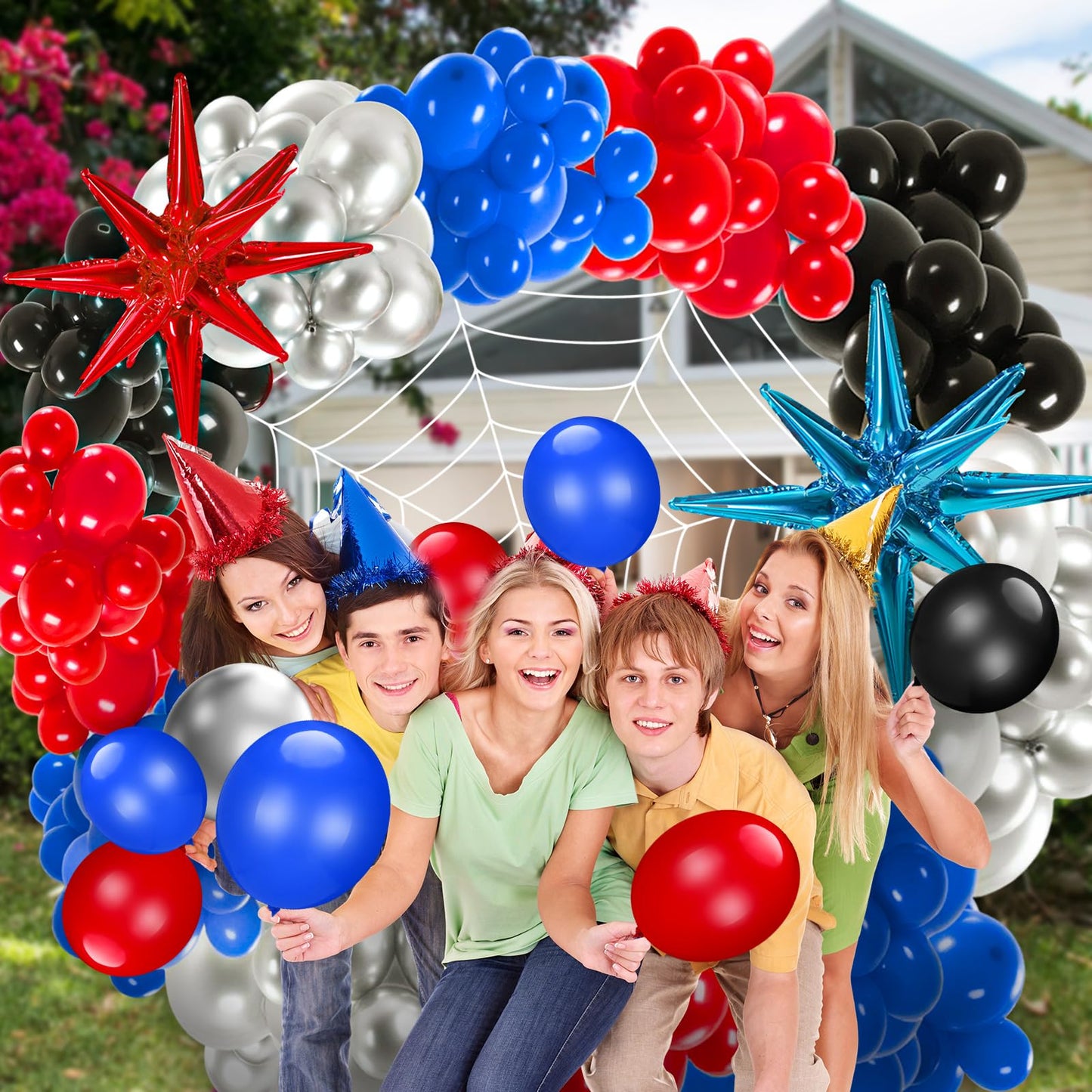 Leyndo 332 Pcs Spider Balloons Arch Garland Kit with 10.8 ft 7 Coils White Fake Spider Web Black Red and Blue Metallic Silver Latex Balloons Arch Kit for Hero Theme Baby Shower Birthday Party Decor