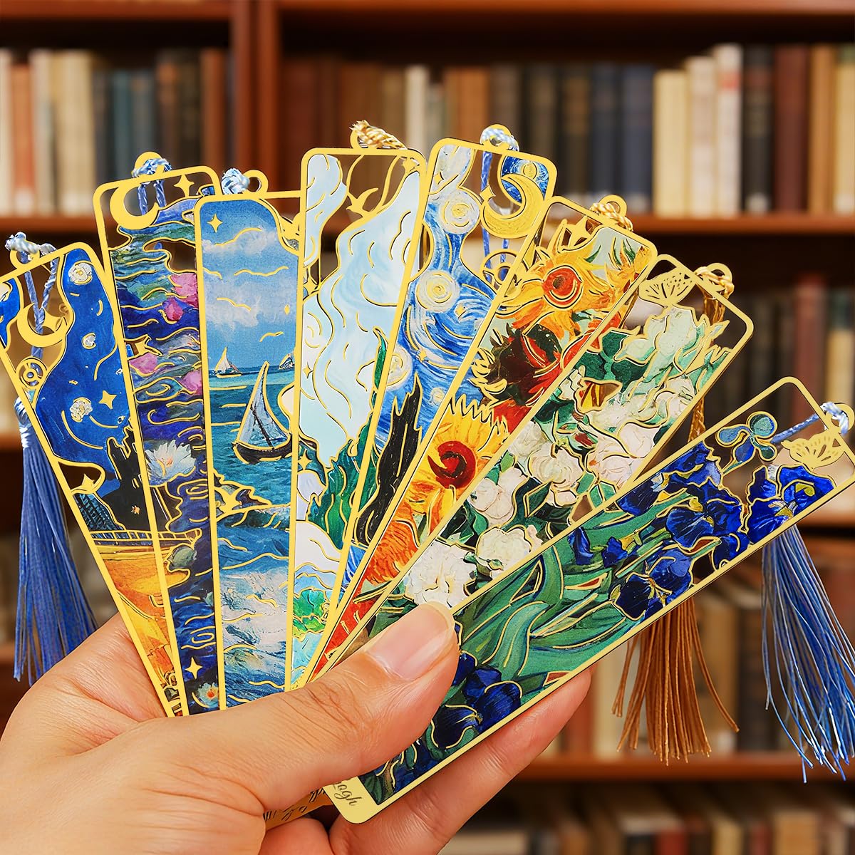 KInsound 8pcs Metal Bookmarks with Tassel, Golden Van Gogh Monet Oil Painting Theme Cute Book Markers for Reading Women, Men, Kids, Book Lovers, Reading Accessories Gifts for Book Lovers