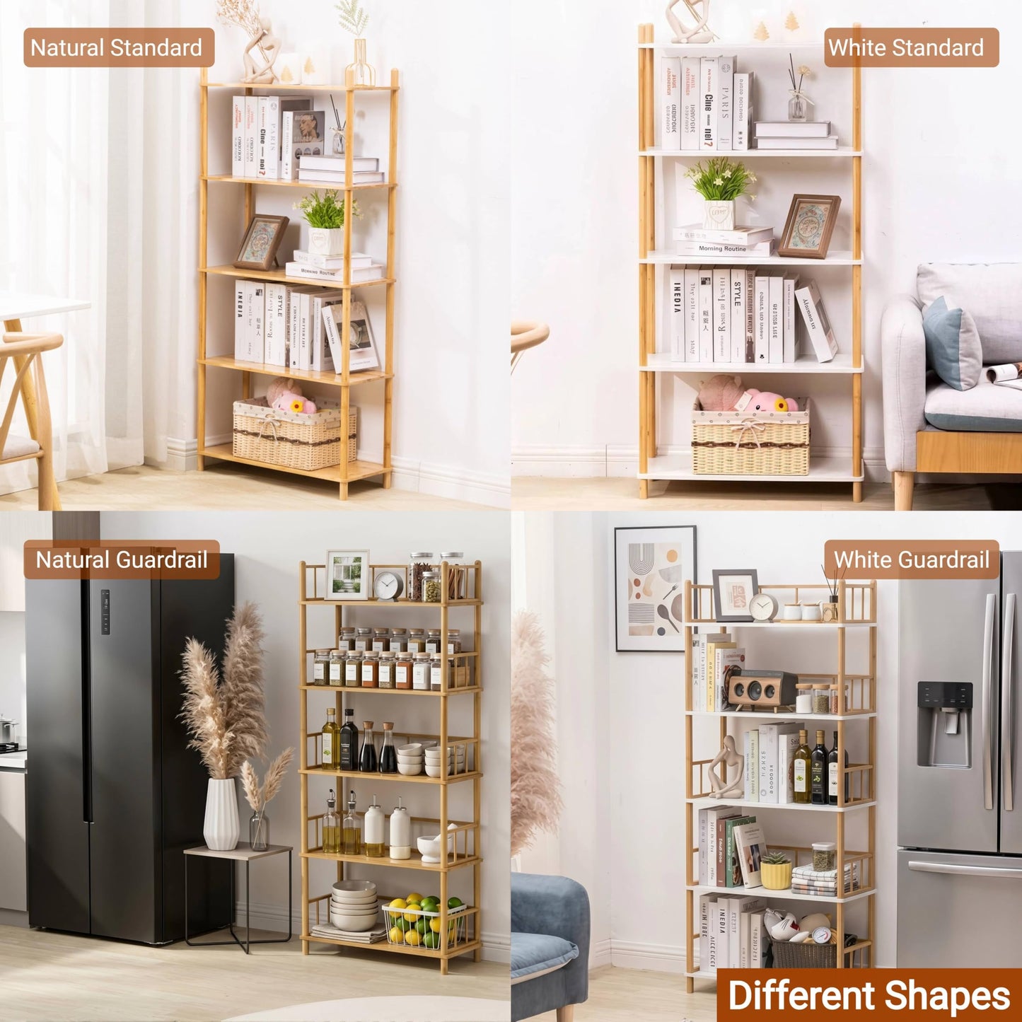 WooFawn 4-Tier Expandable Freestanding Open Bamboo Book Shelf - No-Tool Assembly & Modular,Bathroom Storage Shelf Unit Plant Stand for Small Space, Bedroom, Living Room, Home Office (Natural, 4-Tier)