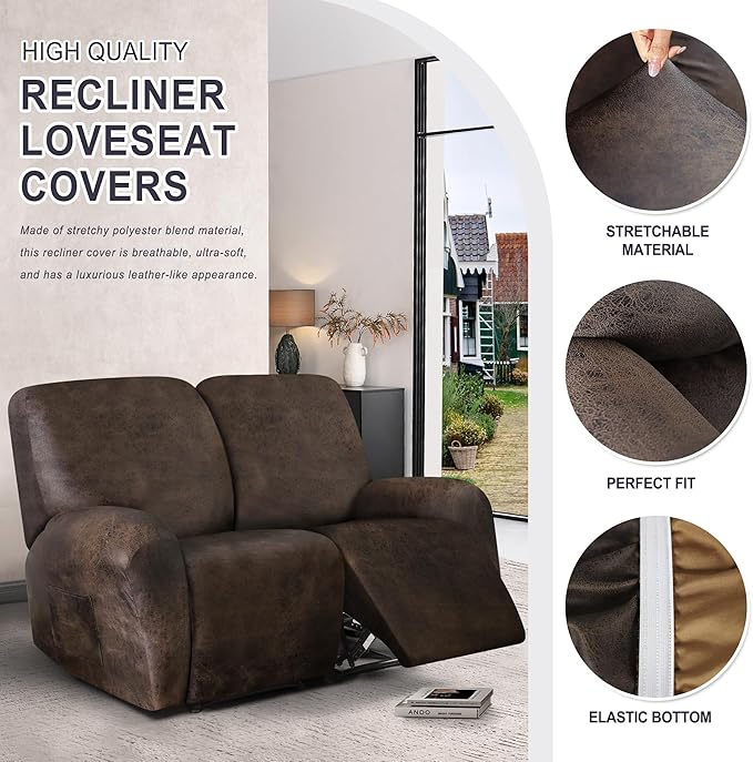 ANARACHON Leather Look Loveseat Recliner Cover, 6-Pieces Stretch Dual Recliner
