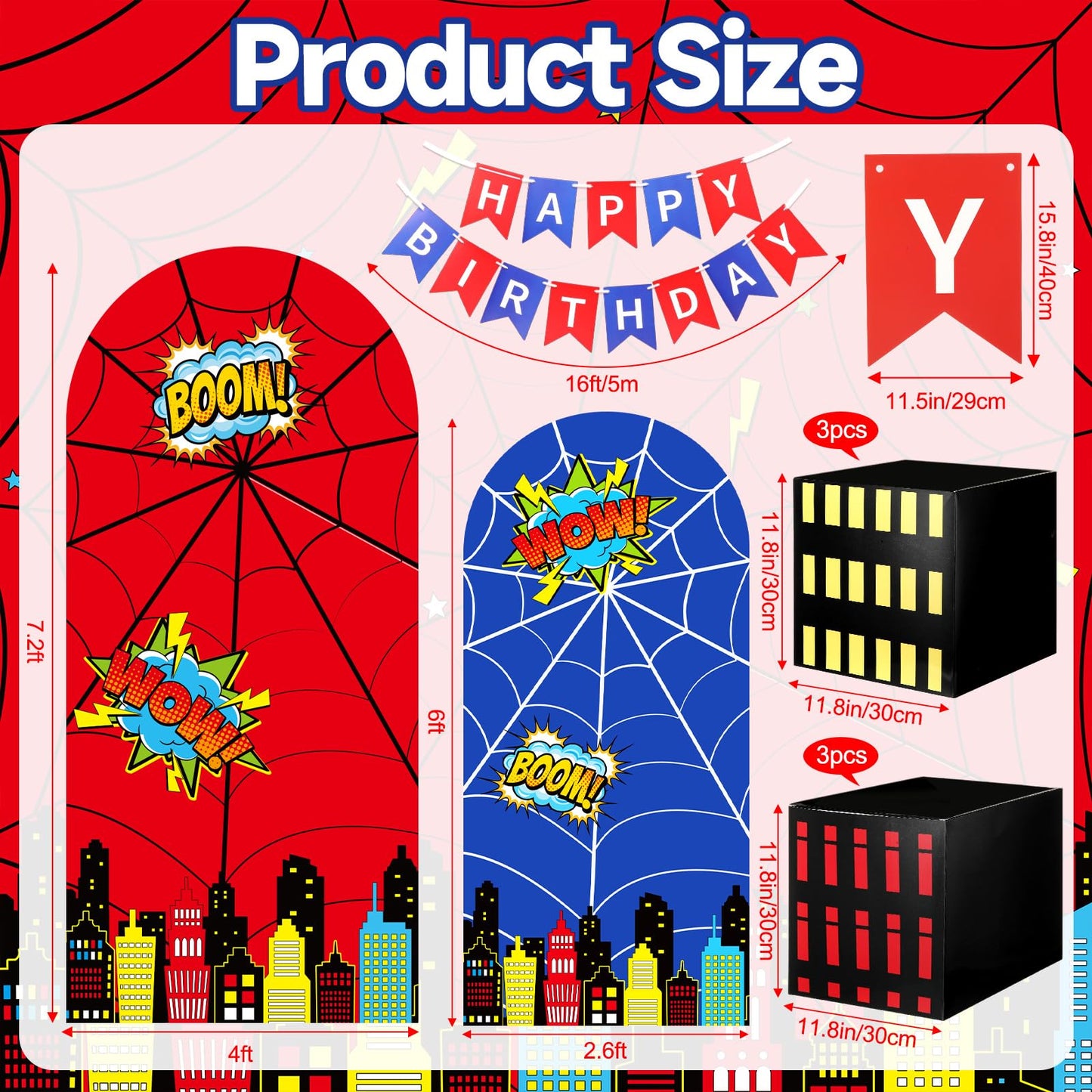 Outus 48 Pcs Spider Web Arch Backdrop Cover Balloons Skyscraper City Boxes Set 7.2ft/6ft Birthday Party Decorations for Photo Props Indoor Outdoor Cosplay Wedding Baby Shower Halloween Backdrop Decor