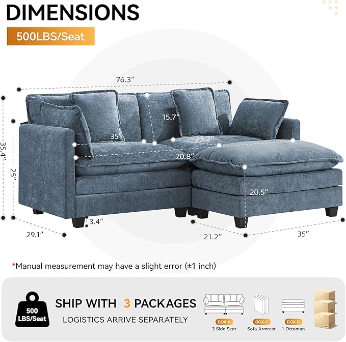 76'' Cloud Deep Seat Loveseat Sofa, Upholstered Chenille Modular 2-Seats
