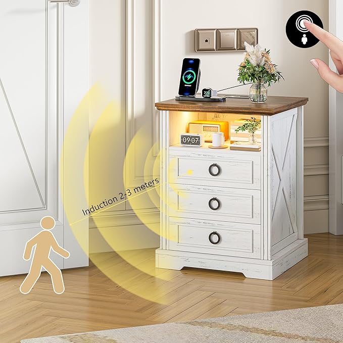 Nightstand Set 2 with Charging Station, Farmhouse End Side Table with 3 Drawers