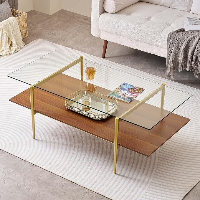 LumFurn X-Large Rectangle Glass Coffee Table, Mid-Century Modern Design
