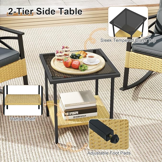 Tangkula 3 Pieces Outdoor Rocking Chairs Set, Rattan Heavy Duty Cushioned