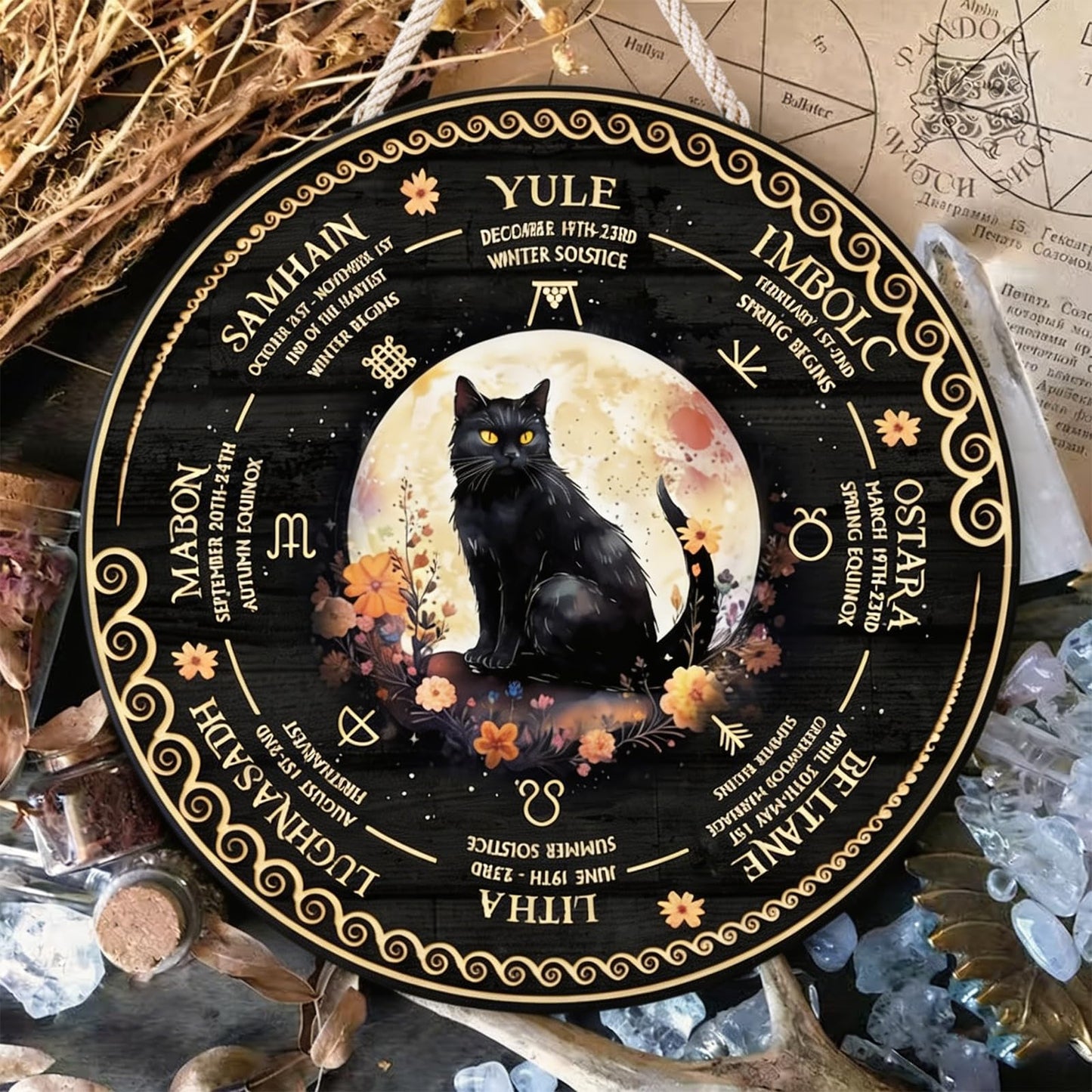 RIVEENY Wheel Of The Year Wall Hanging, Wooden Sabbats Pagan Witch Calendar, 12in Wicca Altar Decor for Yule, Celestial Signs, Christmas & Halloween