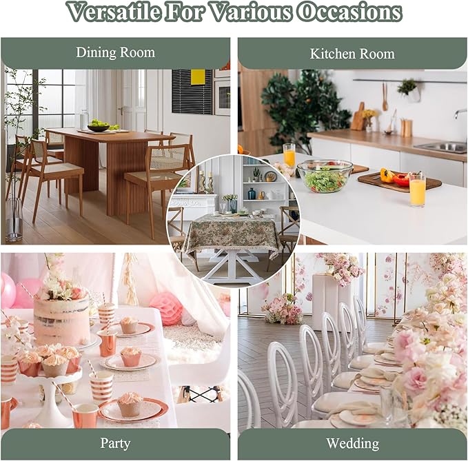 Aesthetic Green and Beige Floral Table Cloth, Linen Texture Table Cloth