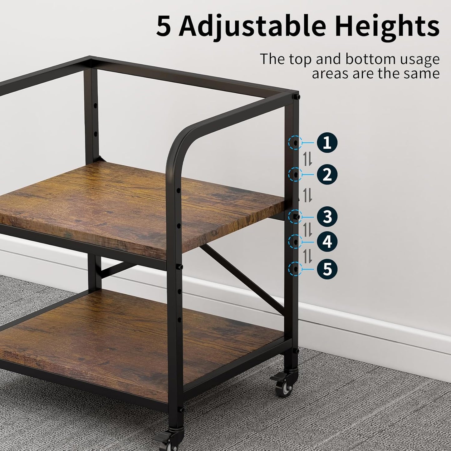 2 Tier Under Desk Printer Stand, Large Printer Table with Height Adjustable Shelf, Rolling Printer Cart with Industrial Wheels for Home Office, Scanner Fax (Rustic Brown)