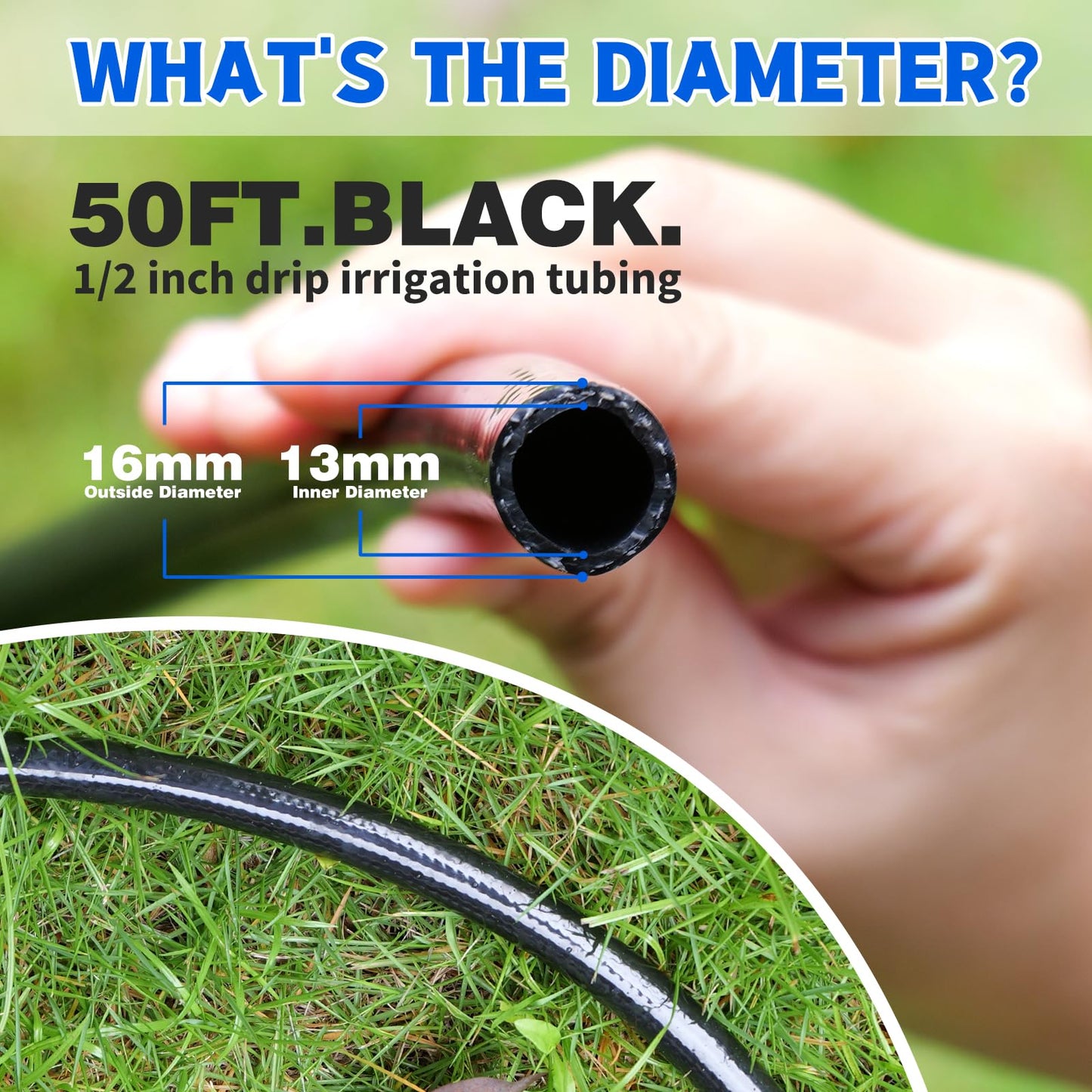 50 FT 1/2 Inch Drip Irrigation Tubing Main Drip Line Hose Tube for Garden Watering Landscape Irrigation System (Includes 2 Pack 6-Way Connector and 1/2" Straight Connector)
