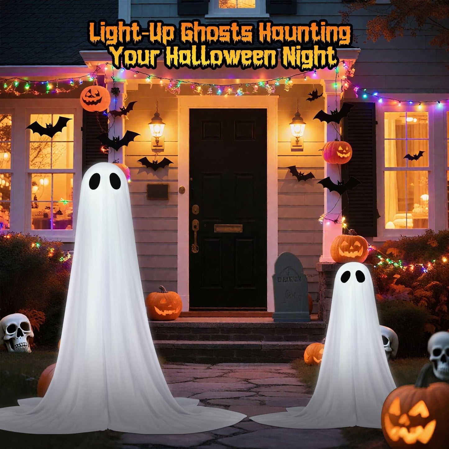 2 Pack Halloween Ghosts Outdoor Spooky Ghost Decorations Outside 36'' & 18'' Tall White Light Timer Function Standing Scary Light Up Ghost Kit for Porch, Courtyard, Party, Haunted Houses (White)