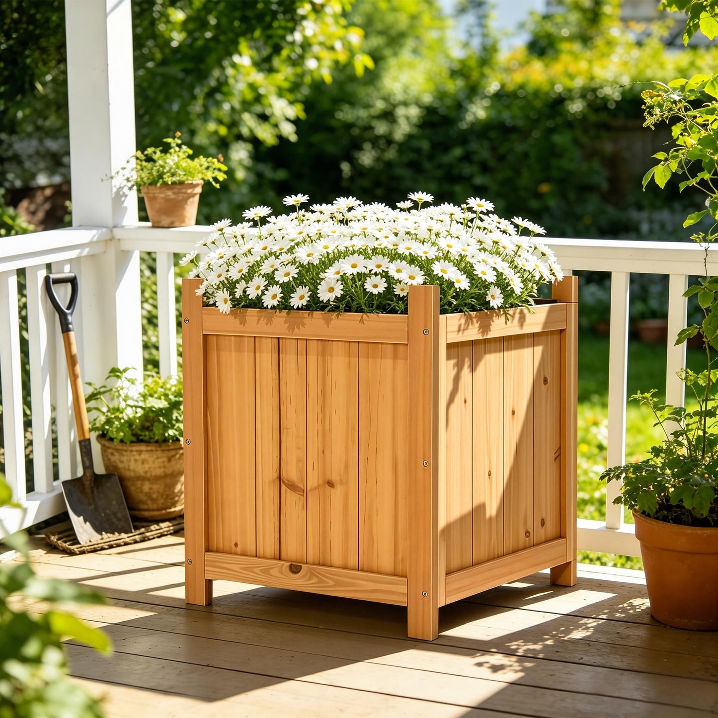 Ultym Set of 2 Fir Wood Square Planter Boxes, 18" Extra Large Outdoor Flower Box with Removable Drainage Base & Non-Woven Liner, Rustic Wooden Planters for Patio Garden Balcony, Wood Bucket Planter