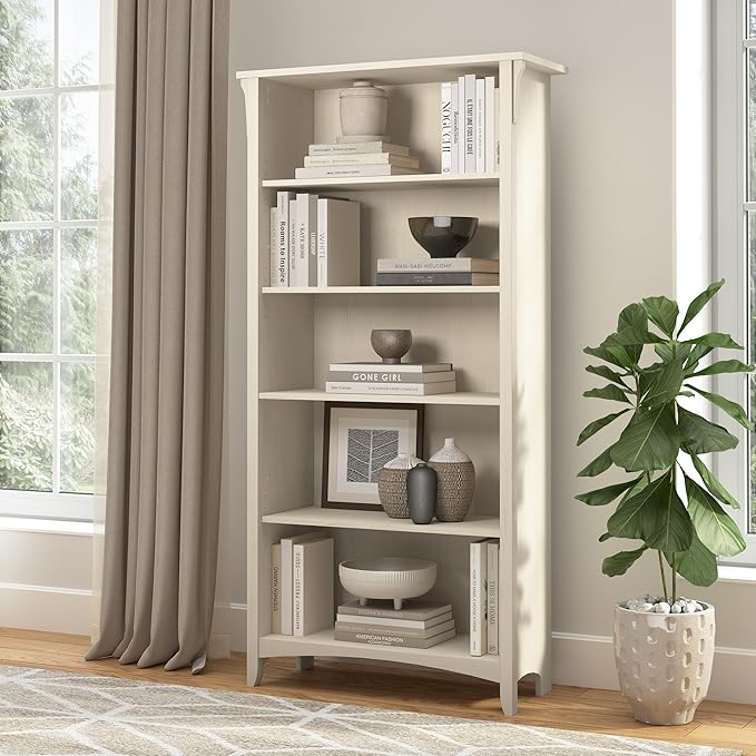 Bush Home Salinas 5 Shelf Bookcase in Antique White, Tall Bookshelf, Large Book