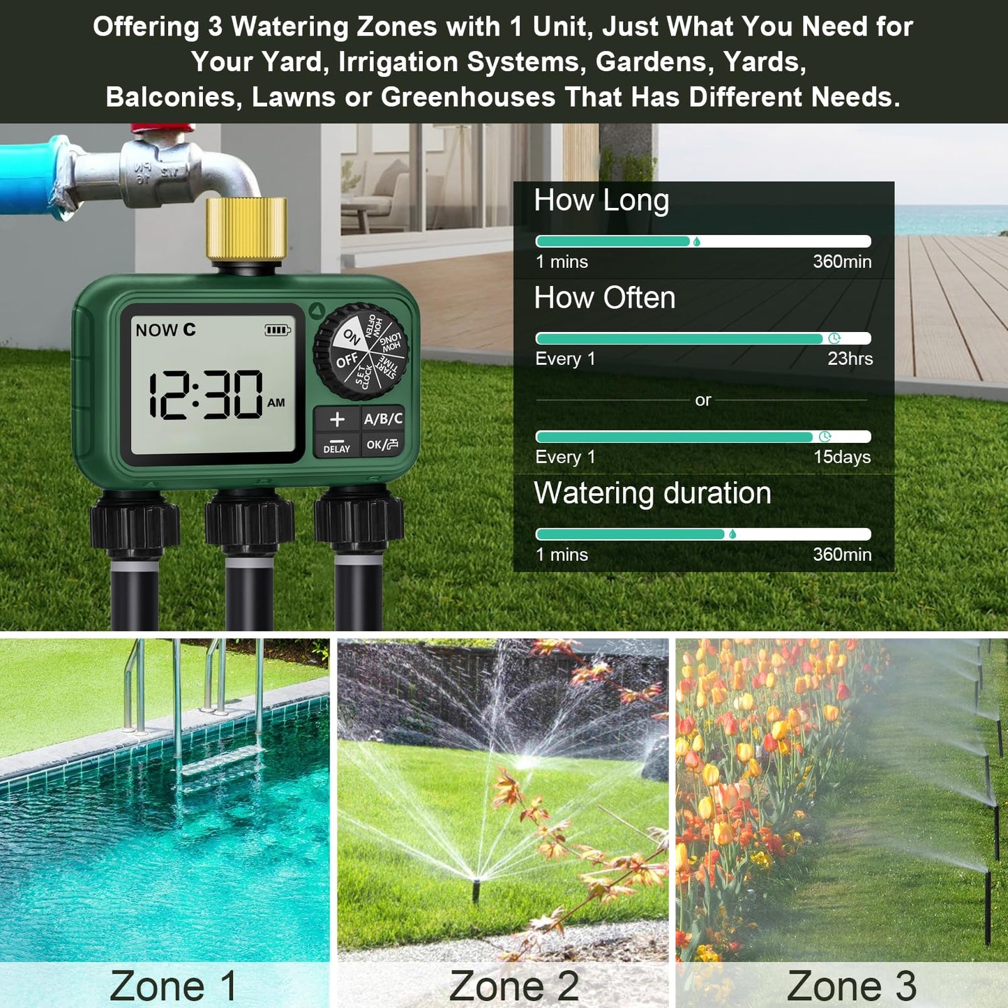 XinFuture Water Timer for Outdoor Garden Hose, Sprinkler Timer for Garden Faucet with Auto/Manual/Rain Delay Mode, Sprinkler Irrigation Controller for Yard Lawn (3 Zones Brass Inlet)