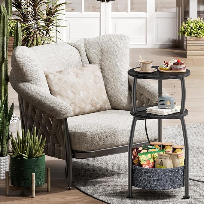 Round Side Table with Power Outlets, Small Coffee Table with S Basket, Space