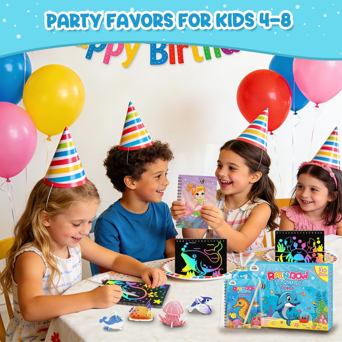 ZMLM 24 Pack Scratch Art Party Favors for Kids 4-8 – Individually Wrapped Rainbow Notebooks, Mess-Free Goodie Bag Stuffers, Non-Candy, Classroom Prizes, Travel Quiet Time Crafts for Boys Girls(Ocean)