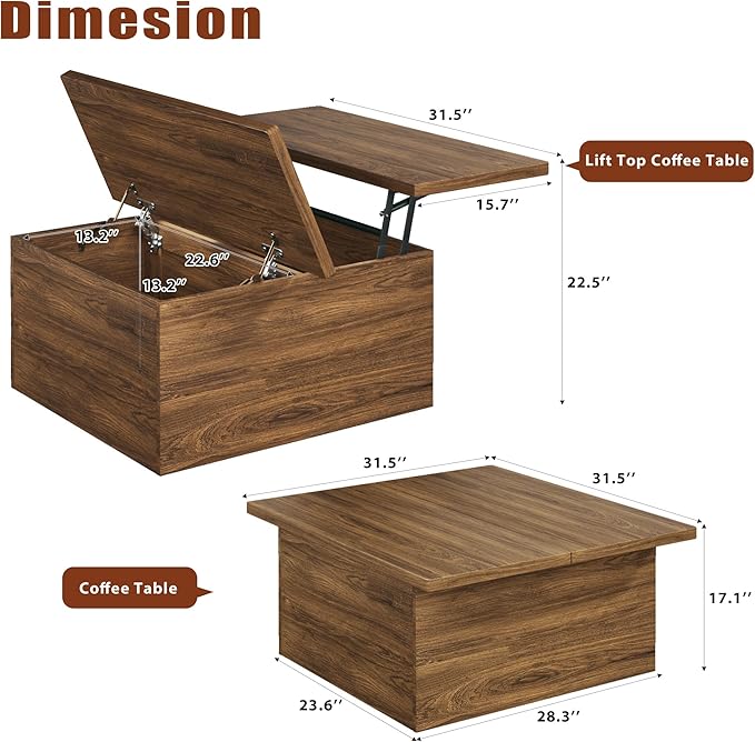 HUAHUU 31.5" Lift Top Coffee Table, 4 in 1 Square Coffee Table