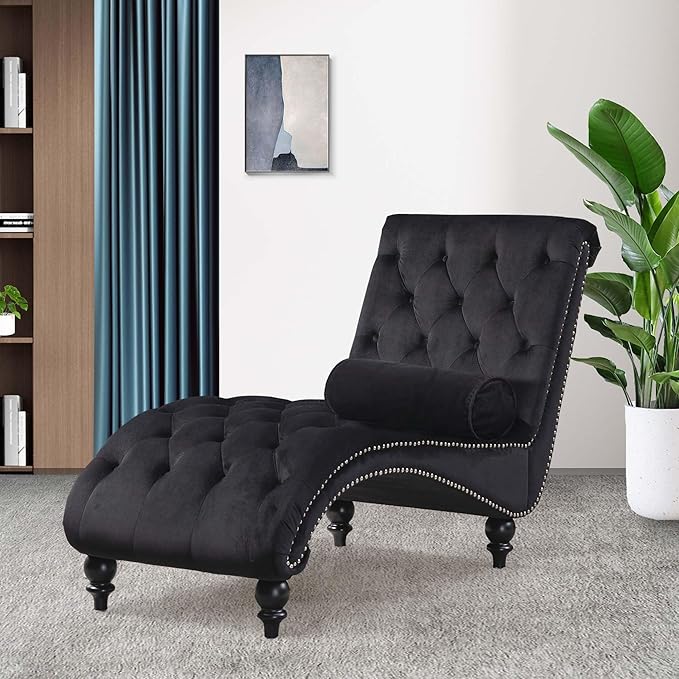 Chaise Lounge Indoor, Velvet Upholstered Lounge Chair Button-Tufted Armless