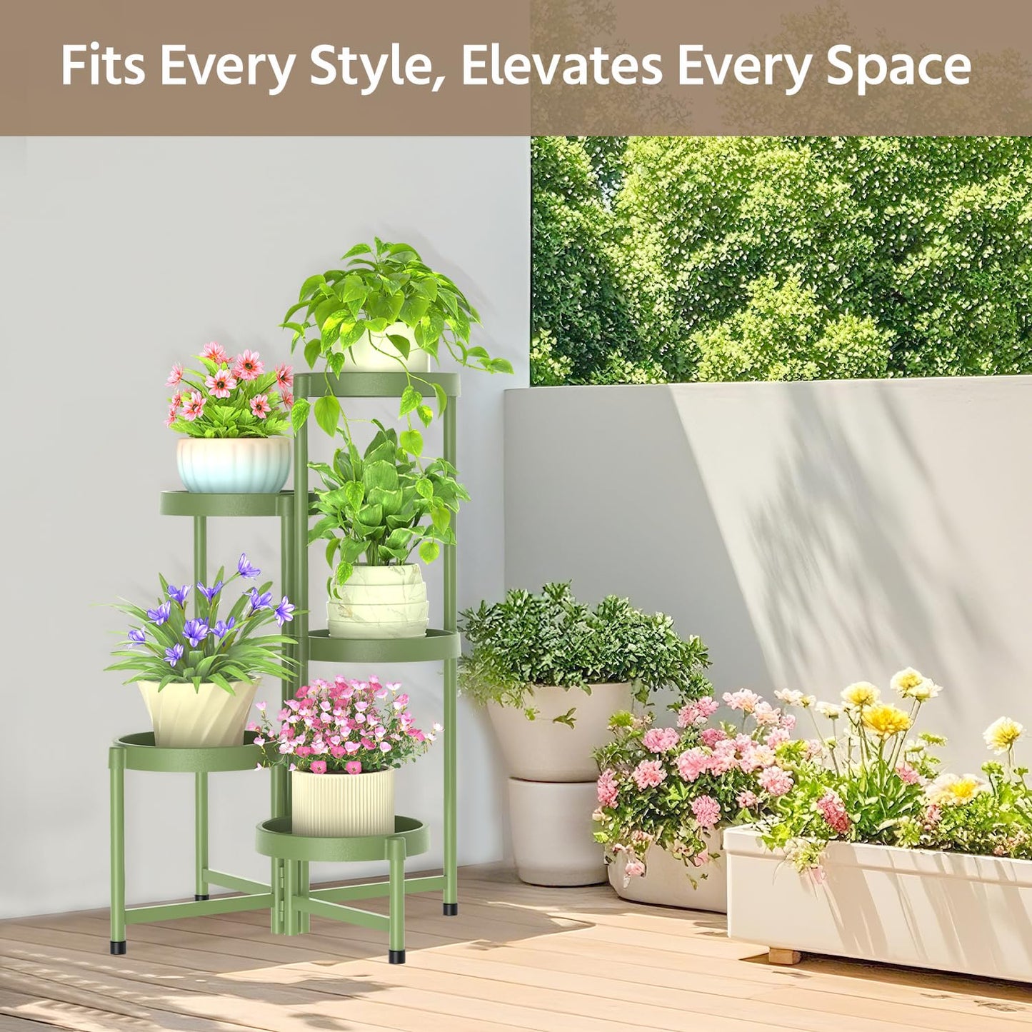 LASZOLA 5 Tiered Plant Stand Indoor Outdoor with Plastic Tray, Corner Folding Tall Flower Display Rack, Modern Plant Holder Shelf for Outdoor Patio Porch Garden Office Living Room, Green