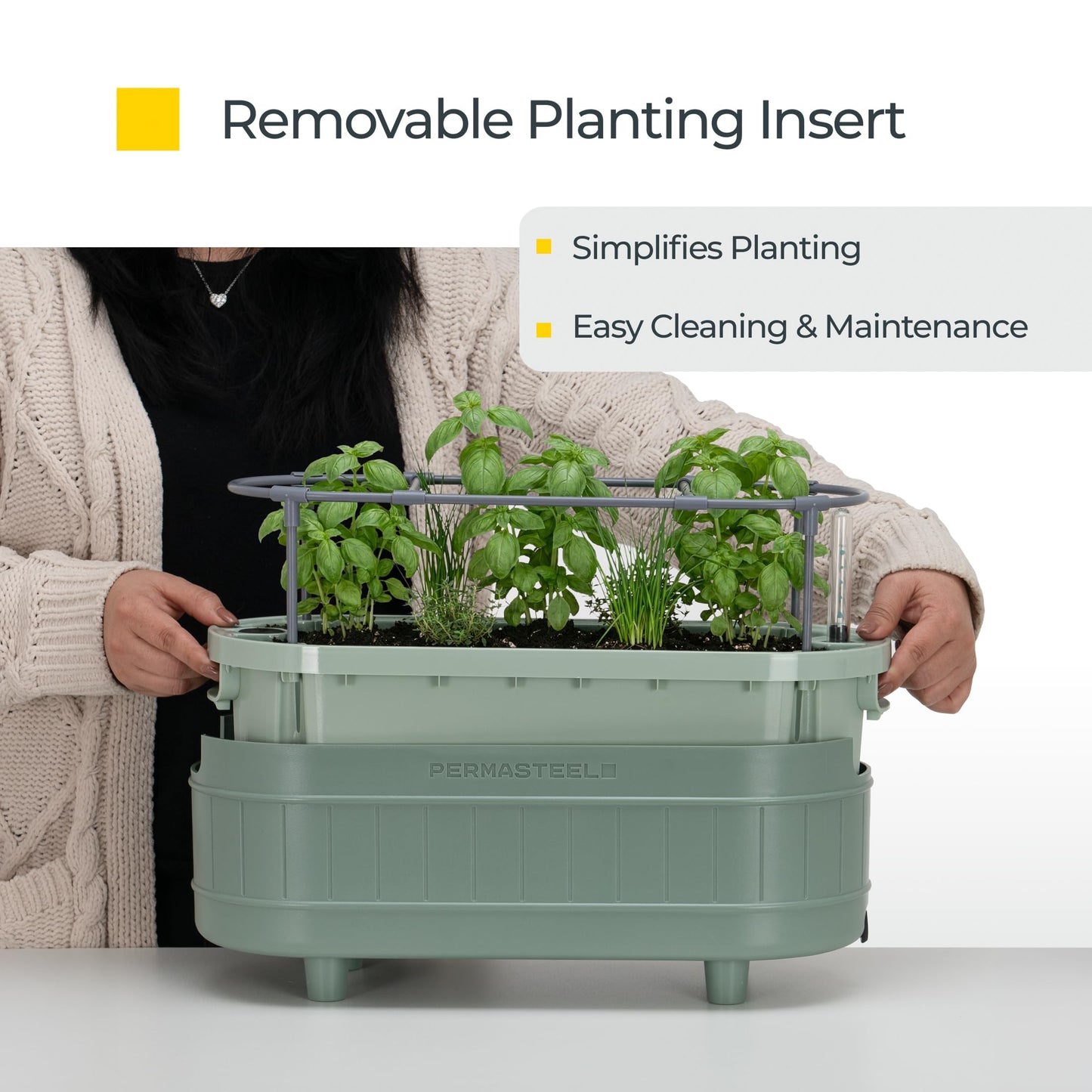 Permasteel Herb Garden Planter with Trellis Support, Self-Watering System with Water Level Indicator, Fits Multiple Herb Plants, for Basil, Flowers, Succulents, Indoor & Outdoor, Green