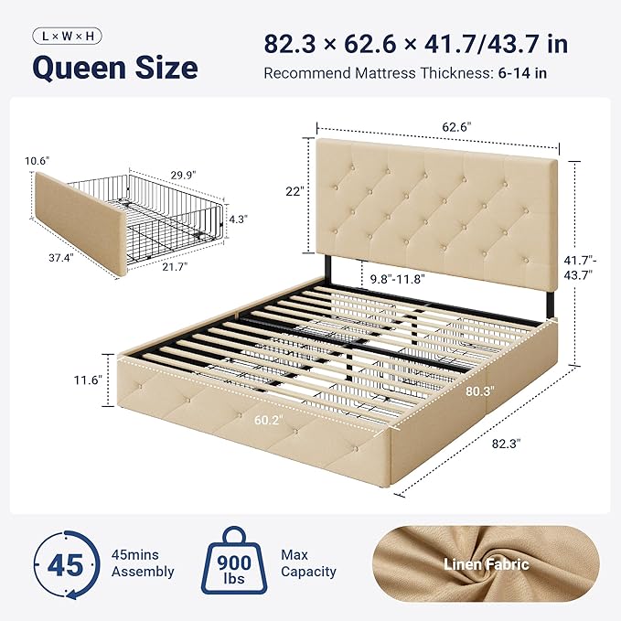Allewie Upholstered Queen Size Platform Bed Frame